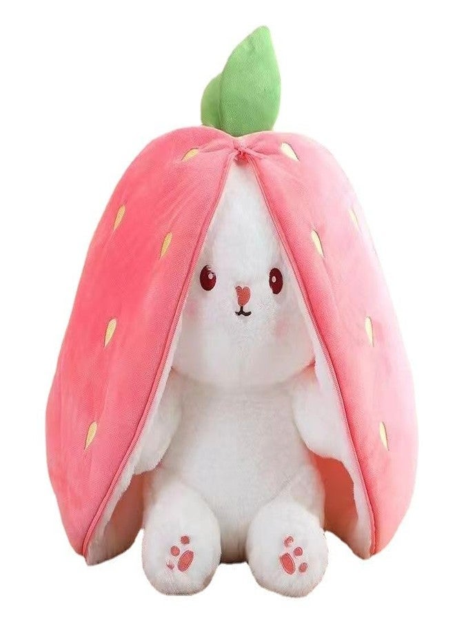 WHITESTARALL Soft Squishy Carrot Strawberry Turned Into Big Ear Rabbit with Zipper Plushie Reversible Floppy Pillow (Small 30cm Pink) - Image 1