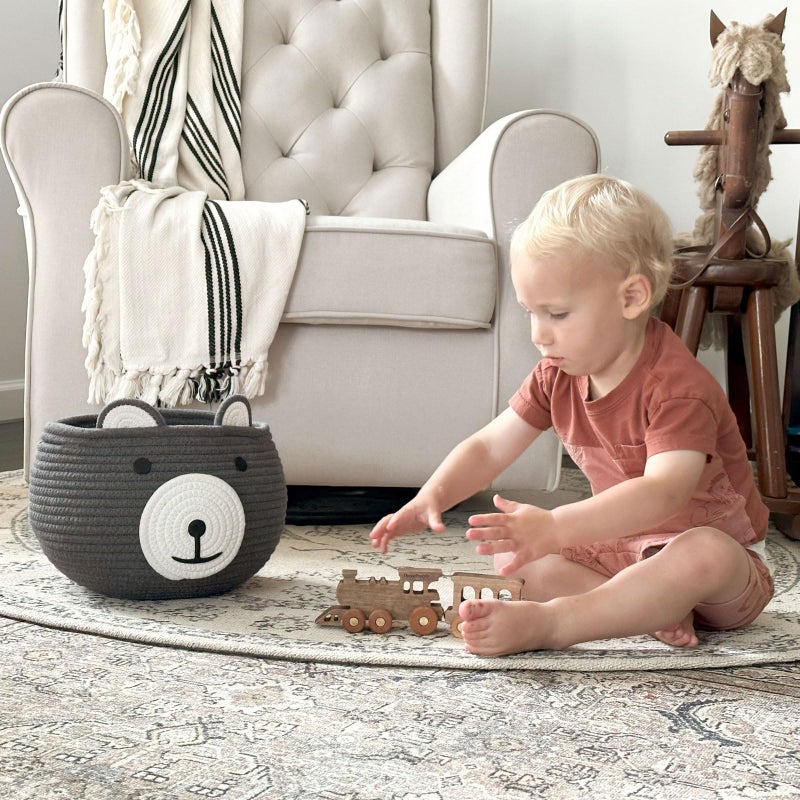 Cherrynow Baby Basket For Nursery  Bear Gift Baskets For Kids  Empty Baby Shower Basket With Handles  Small Cute Animal Cotton Rope Baskets  Grey  10.5""D X 8.5""H - Image 4