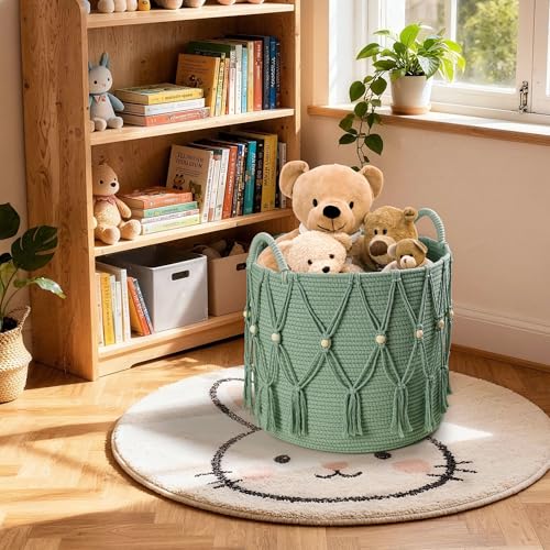 HOSROOME Blanket Basket for Living Room Decor Storage Basket for Toy Organizer Boho Decor Baskets for Modern Farmhouse Decor Small Laundry Basket for Bedroom and Laundry Room Organization,Green - Image 3