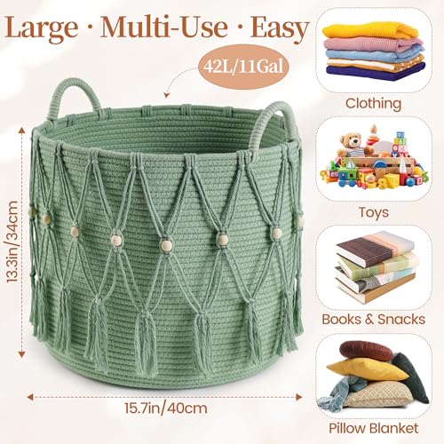 HOSROOME Blanket Basket for Living Room Decor Storage Basket for Toy Organizer Boho Decor Baskets for Modern Farmhouse Decor Small Laundry Basket for Bedroom and Laundry Room Organization,Green - Image 2