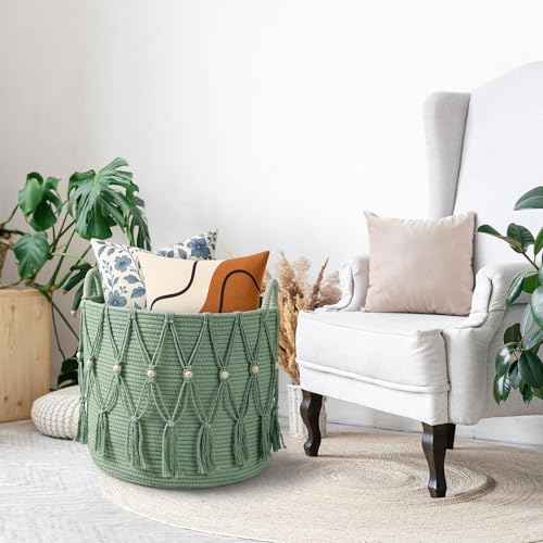 HOSROOME Blanket Basket for Living Room Decor Storage Basket for Toy Organizer Boho Decor Baskets for Modern Farmhouse Decor Small Laundry Basket for Bedroom and Laundry Room Organization,Green - Image 5