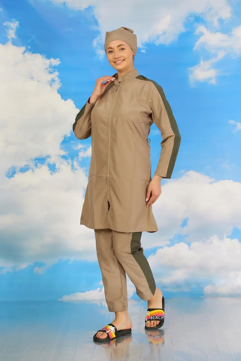 اكبينيز Women's Full Hijab Swimsuit with Pants and Striped Sleeves Beige 31065