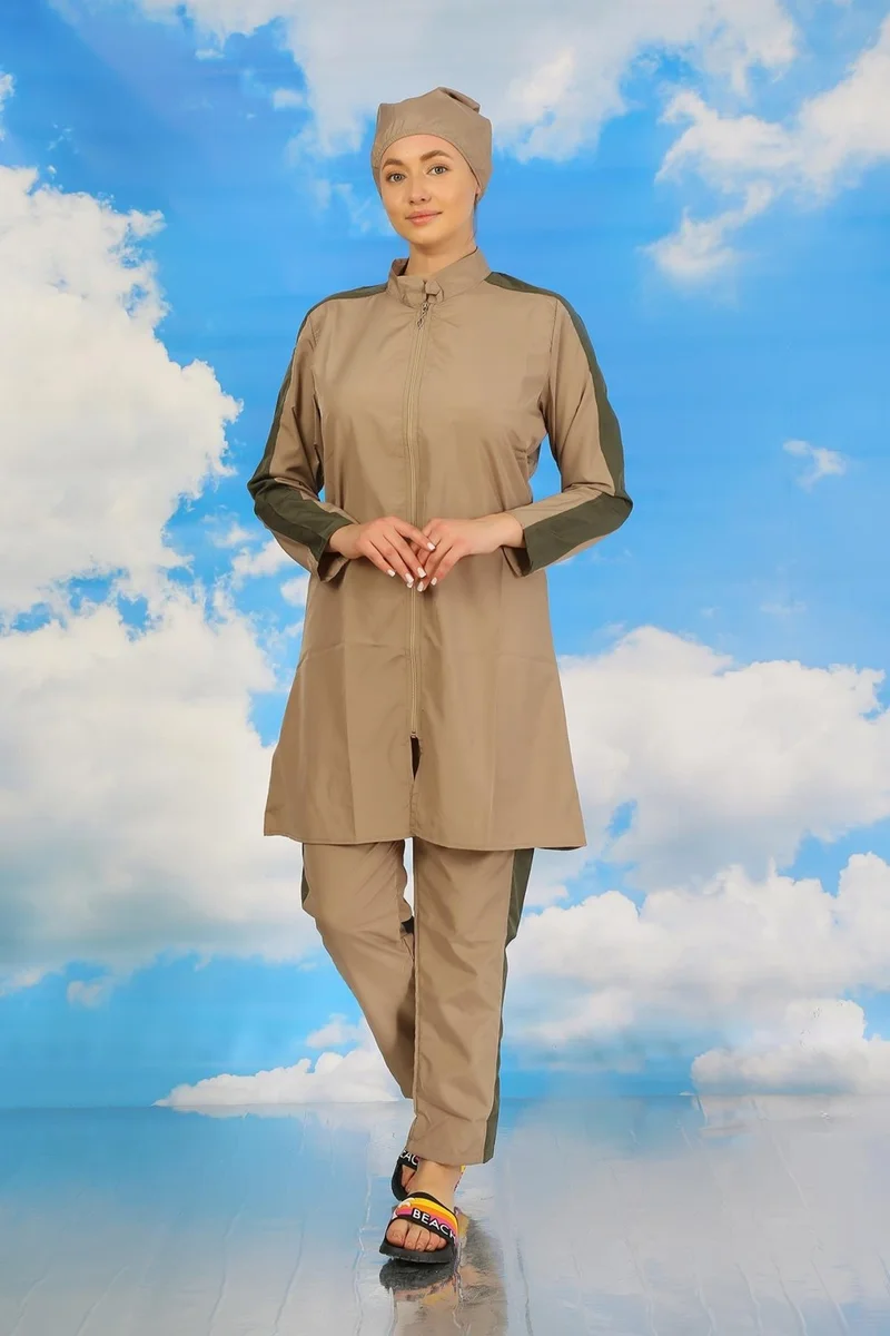 اكبينيز Women's Full Hijab Swimsuit with Pants and Striped Sleeves Beige 31065