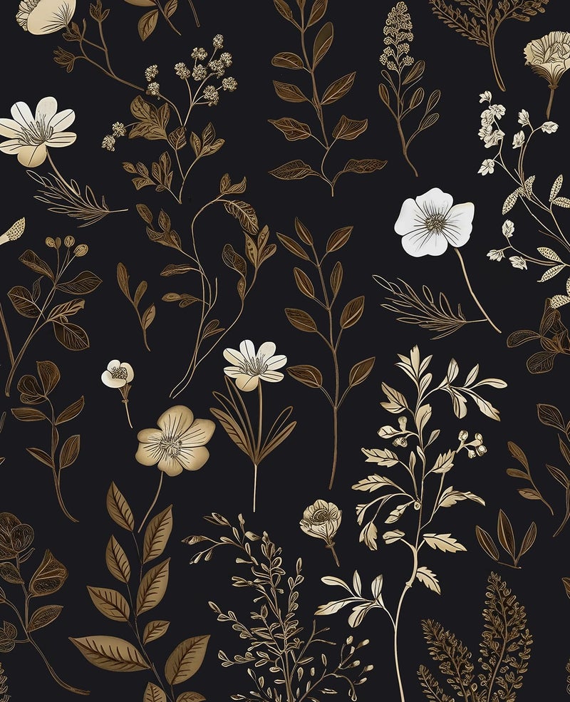 VOLEAAR Extra Long Moody Floral Wallpaper Peel and Stick, 17.5In x 393In Black Dark Gold Botanical Removable Contact Paper for Bedroom Bathroom Kitchen Cubicle, Boho Flower Wall Paper Brown Taupe - Image 1