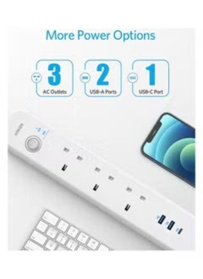 Anker Extension Lead with 1 Power Delivery 18W USB C Port 2 PowerIQ USB Ports and 3 AC Outlets Power Strip with USB Charging and Surge Protection White  - Image 3