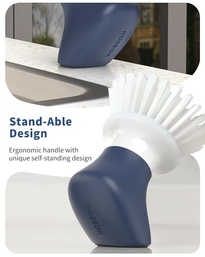 ROSEOK Dish Scrub Brush,Self-Standing Palm Brush with Ergonomic Grip for Cleaning Dishes,Non-Stick Pans and Sinks,Navy Blue,2 Pack - Image 2