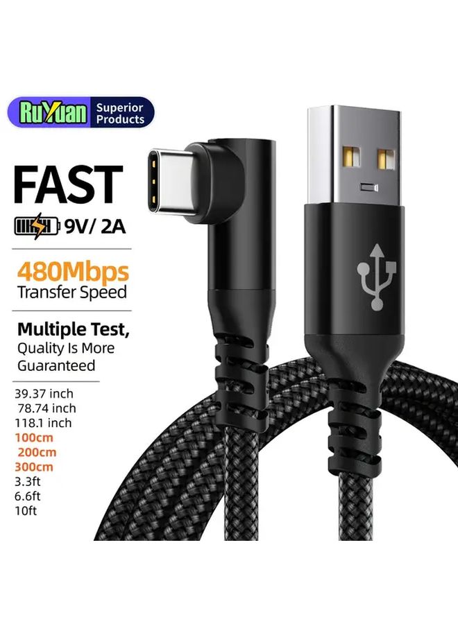 USB Type C Fast Charging Cable 18W 2m Black L Shape 90 Degree Bend - Image 5