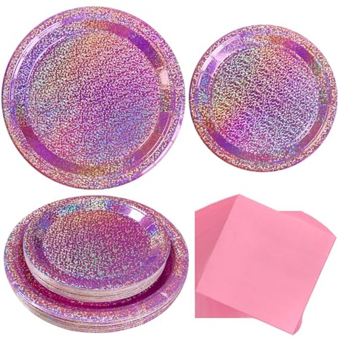 Watch Me Fly Pink Iridescent Paper Plates & Napkins, 75pcs Dinnerware Includes 9" Dinner Plates, 7" Dessert Plates & 6.5" Napkins, Holographic Sparkle, Disposable Party Tableware for Birthday, Bachelorette - Image 1