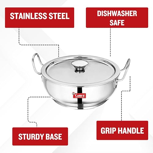 Camro Kadhai Induction Bottom with Lid 3.1 Liters | Gas Stove Compatible | Cookware kadhai | Kadhai for Deep Frying | Kadai for Cooking Stainless Steel | Dishwasher Safe - Image 4