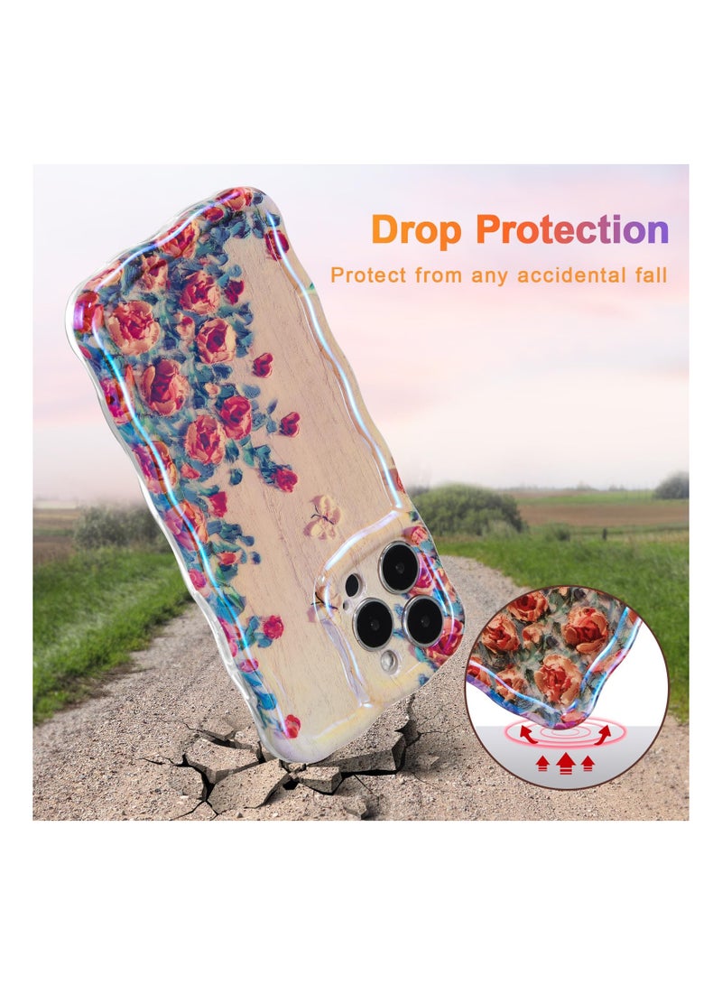 KASTWAVE Oil Painting Case for iPhone 15 Pro Max, Colorful Retro Oil Painting Rose Flower Laser Beam Glossy Pattern Curly Wave Border Phone Cover Stylish Durable TPU Protective Case for Girls Women - Beige - Image 3