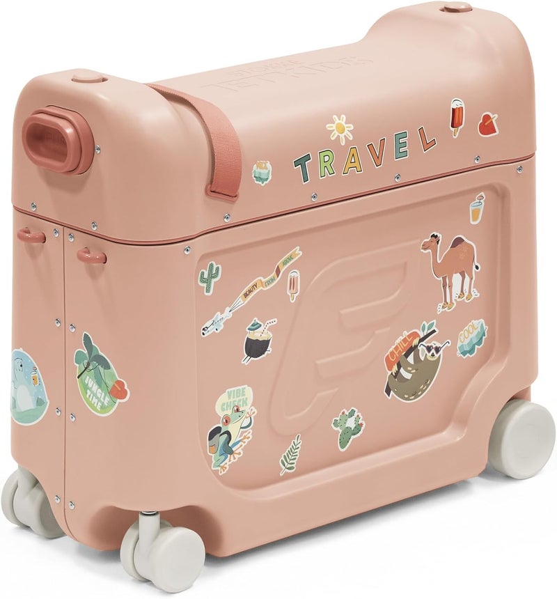 Stokke JetKids BedBox, Coral Pink - Ride-On Suitcase for Kids 2-7 Years Old (Up to 35 kg) - Transforms Into Bed - Includes Mattress, Decorative Stickers & Adjustable Carrying Strap - Image 1