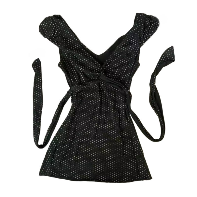 RICHTRUE Grunge Emo Goth Shirts Y2k Lace Bow Coquette Babydoll Top Women Vintage Graphic Tee 2000s Summer Crop Top (Black White Polka Dot,Small) - Image 1