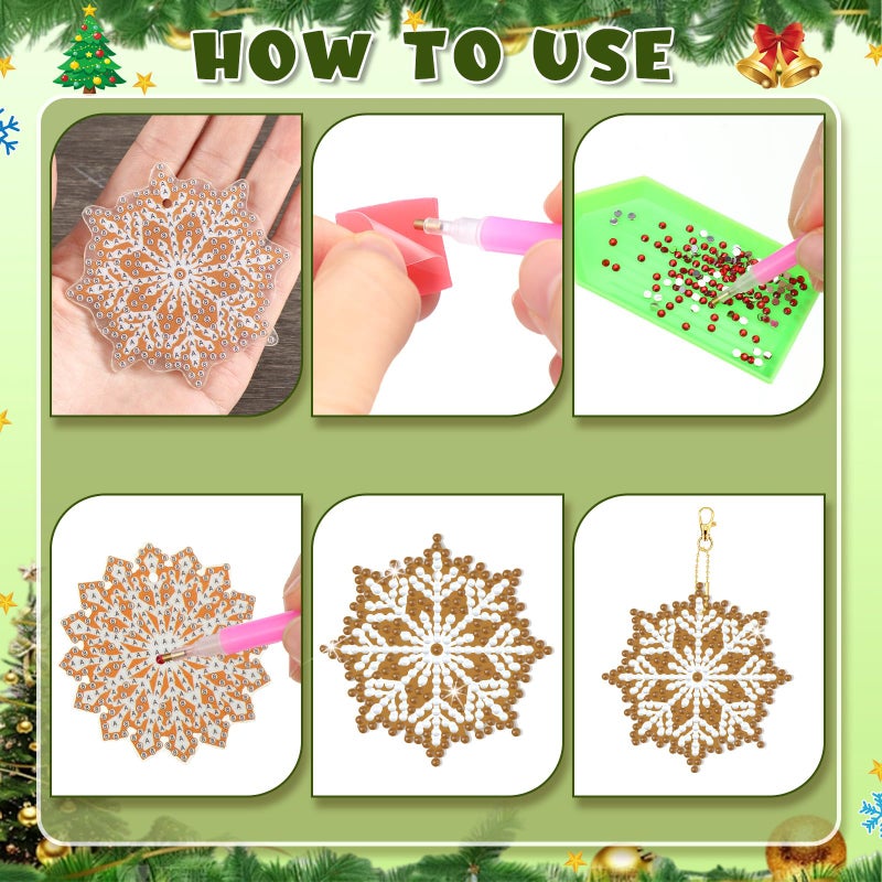 Lukmaa 15 Pcs Winter Snowflake Diamond Painting Ornaments for Tree 5D DIY Gingerbeard Snowflake New Year Diamond Painting Keychain Kits for Adults Crafts Party Favors - Image 5