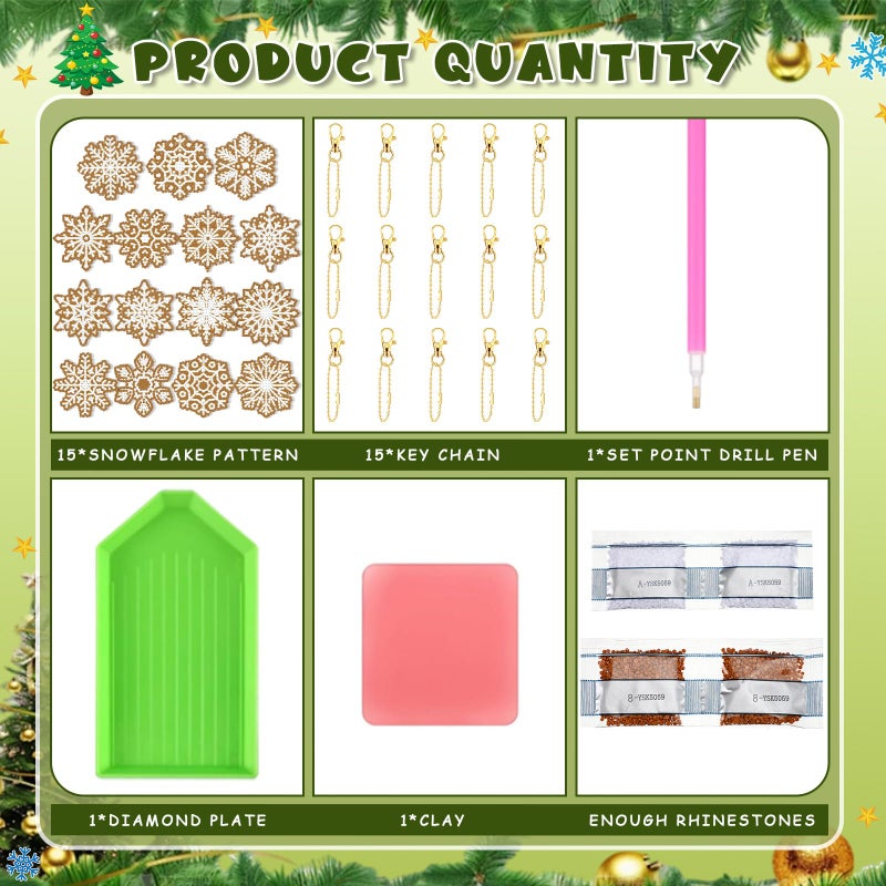 Lukmaa 15 Pcs Winter Snowflake Diamond Painting Ornaments for Tree 5D DIY Gingerbeard Snowflake New Year Diamond Painting Keychain Kits for Adults Crafts Party Favors - Image 4