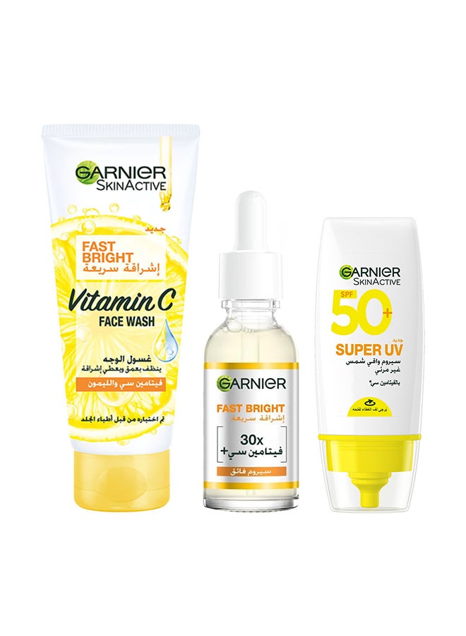 Garnier SkinActive Fast Bright Vitamin C Face Wash 100ml + Face Serum 30ml + Super UV Invisible Serum Sunscreen 30ml - Image 1