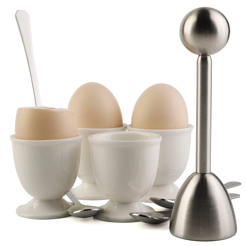 forkmannie Egg Cracker Topper Set for Soft Hard Boiled Eggs Shell Removal Includes 1 Egg Cutter 4 Ceramic Egg Cups and 4 Spoons 
