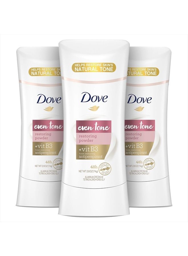 Dove مزيل العرق Even Tone المضاد للتعرق للبشرة غير المتجانسة، بودرة استعادة اللون، مانع العرق لشعور بالانتعاش طوال اليوم، 2.6 أونصة، 3 قطع - Image 1