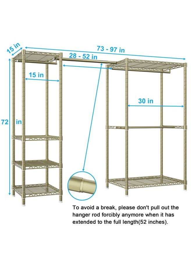 Ulif E10 Clothes Rack（With Stretchable Hanger Rod）Freestanding Clothing Racks for Hanging Clothes，Adjustable Closet Organizer System，Portable Garment Rack 73-97"W x 15" D x 72" H，Max Load 800LBS，Gold - Image 2