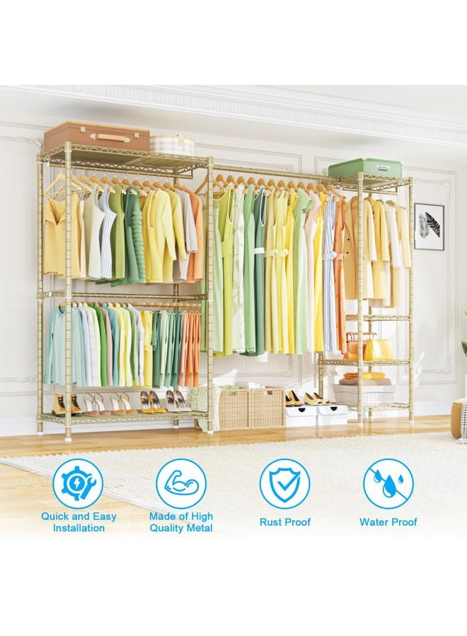 Ulif E10 Clothes Rack（With Stretchable Hanger Rod）Freestanding Clothing Racks for Hanging Clothes，Adjustable Closet Organizer System，Portable Garment Rack 73-97"W x 15" D x 72" H，Max Load 800LBS，Gold - Image 4