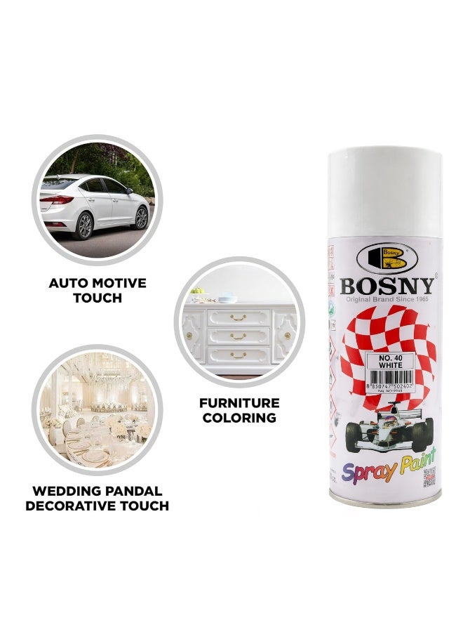 Bosny No.40 White Spray Paint 400ml Aerosol Multi Surface High Gloss Spray Paint for Metal Wood Wall Glass Canvas Automotive Touch Up Quick Dry Durable White Paint for Furniture Home Interior Exterior DIY Projects - Image 4