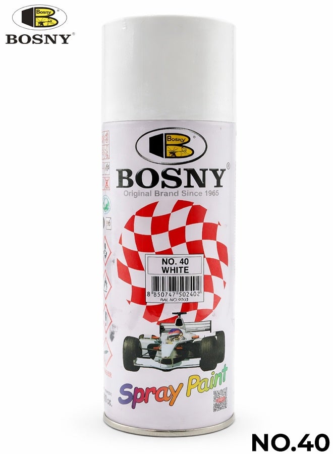 Bosny No.40 White Spray Paint 400ml Aerosol Multi Surface High Gloss Spray Paint for Metal Wood Wall Glass Canvas Automotive Touch Up Quick Dry Durable White Paint for Furniture Home Interior Exterior DIY Projects - Image 1