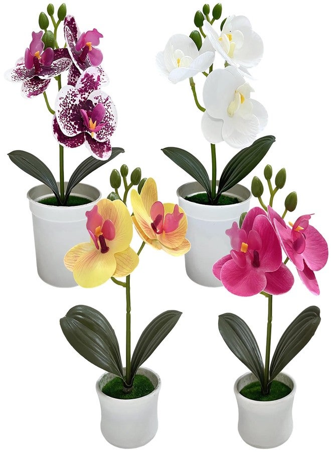 Varku 4 Pcs Artificial Orchids That Look Real with Pot, Small Silk Flowers for Home Decor Indoor, Faux Phalaenopsis Plants, Mini Potted Desk Decor, Vibrant Colors, No Maintenance Needed - Image 1