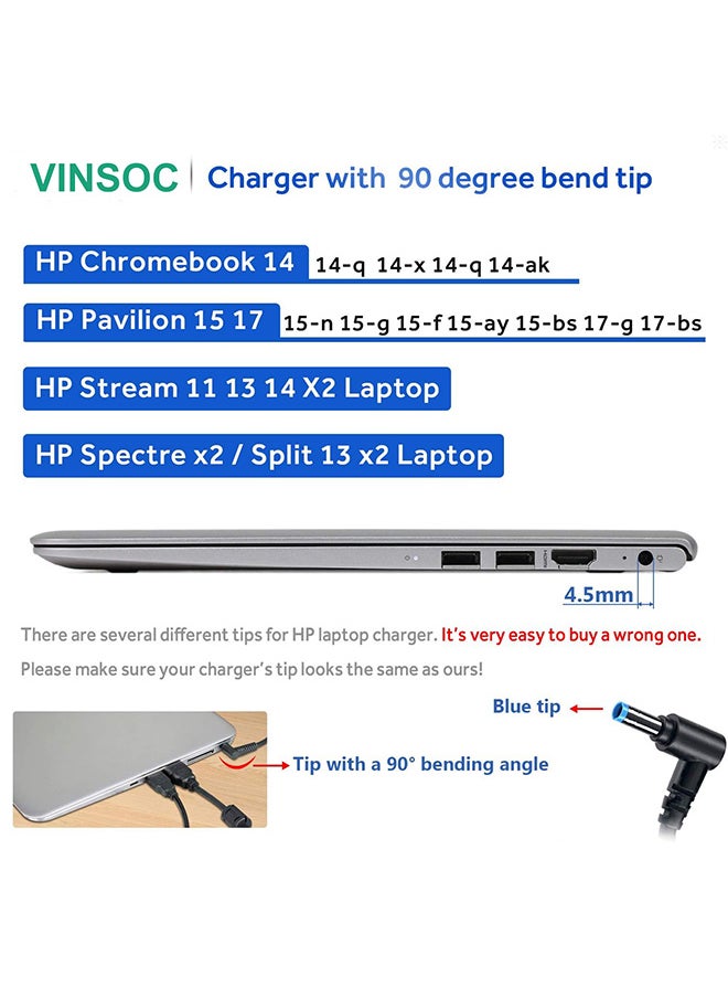 VINSOC HP Laptop Charger 65W 45W 19.5V AC Adapter Replacement for HP Chromebook 11 14 G3 G4 Pavilion X360 11 13 15-f Envy 13 15 17 Stream 11 13 14 Elitebook Folio 1040 g1 Laptop (Blue Tip 4.5x3.0mm)  - Image 5