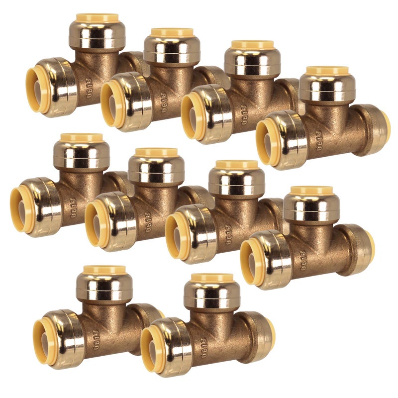 10Pack PROCURU 12Inch PushFit Tee PushtoConnect Brass Plumbing Fitting for Copper PEX CPVC PERT Pipe 8X701210P