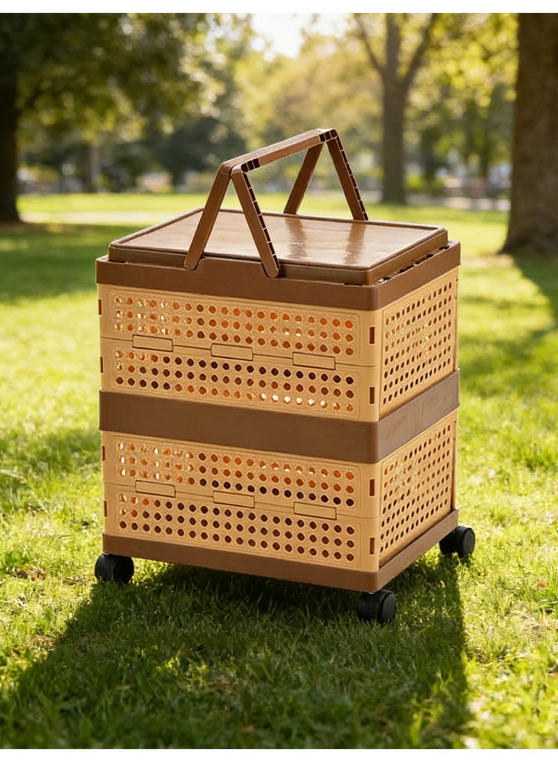 Portable Picnic Basket Handheld Food Storage Basket, Foldable Plastic Storage Box with Handles and Wheels for Home Kitchen Laundry Outdoor Picnic Camping, 2 Tier - Image 1