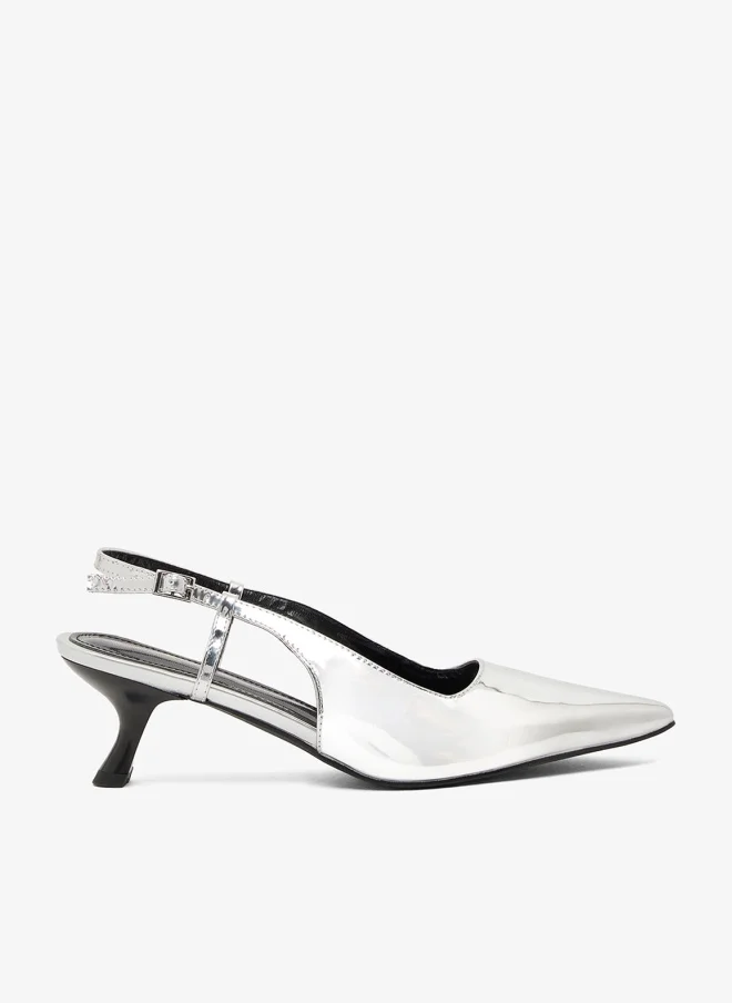 Ginger Silver Metallic Sling Back Pumps With Kitten Heel