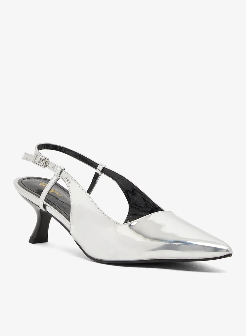 Ginger Silver Metallic Sling Back Pumps With Kitten Heel