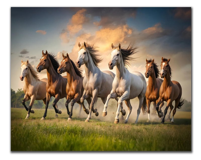 Rousrie Big Size Premium Canvas 7 Running Horses Painting As Per Vastu | Best For Wall Decoration Of Living Room | Wooden Canvas Printed Premium Collection (Design 1, 18 x 23 Inch, Unframed) - Image 1