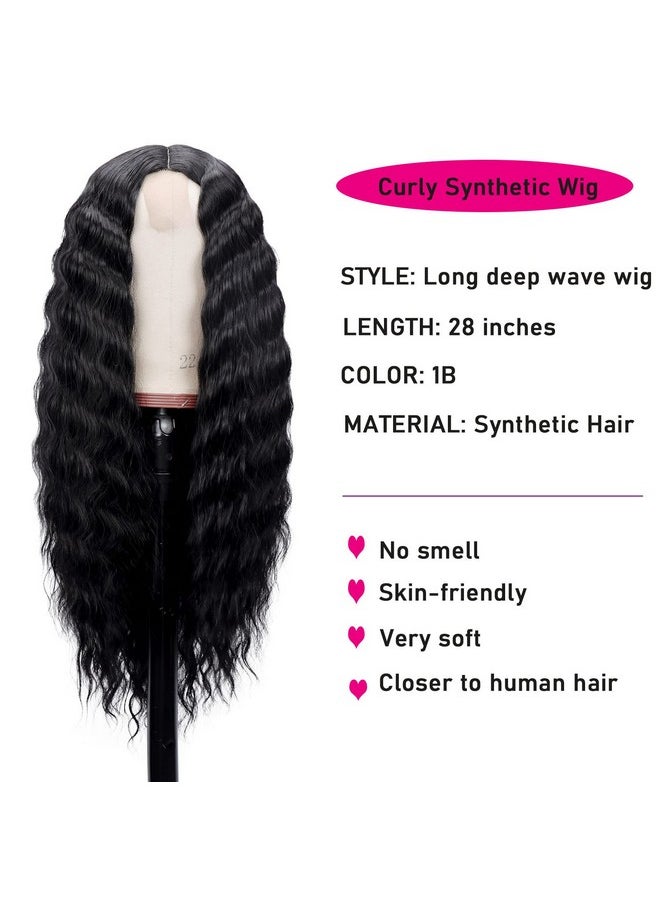 Mairead - 28'' Curly Wig Long Synthetic Wigs For Black Women Loose Deep Wave Lace Front Wig 4'' Simulated Scalp Middle Part Natural Crimps Curls Hair Replacement Wigs - Image 1
