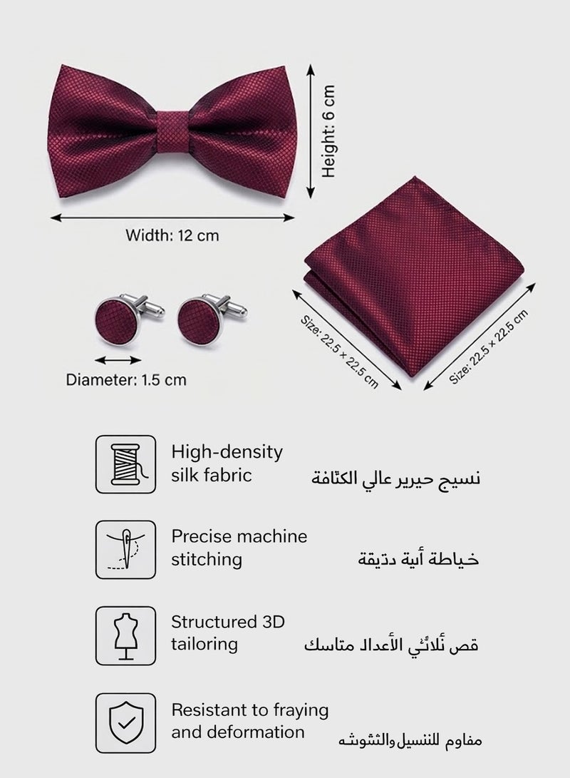 FIORICASA Men’s Premium 3-Piece Red Bow Tie Gift Set with Pocket Square & Cufflinks - Image 2