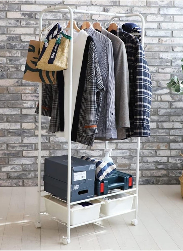 Generic - Metal Clothes Rack on Wheels: Clothes Hanger Stand with Wheels Rolling Garment Rack with 2-tier Storage Shelves White Metal Clothes Hanger Stand Garment Rack Clothes for Bedroom Living Room Size L * W * H 70x36.5x152cm - Image 1