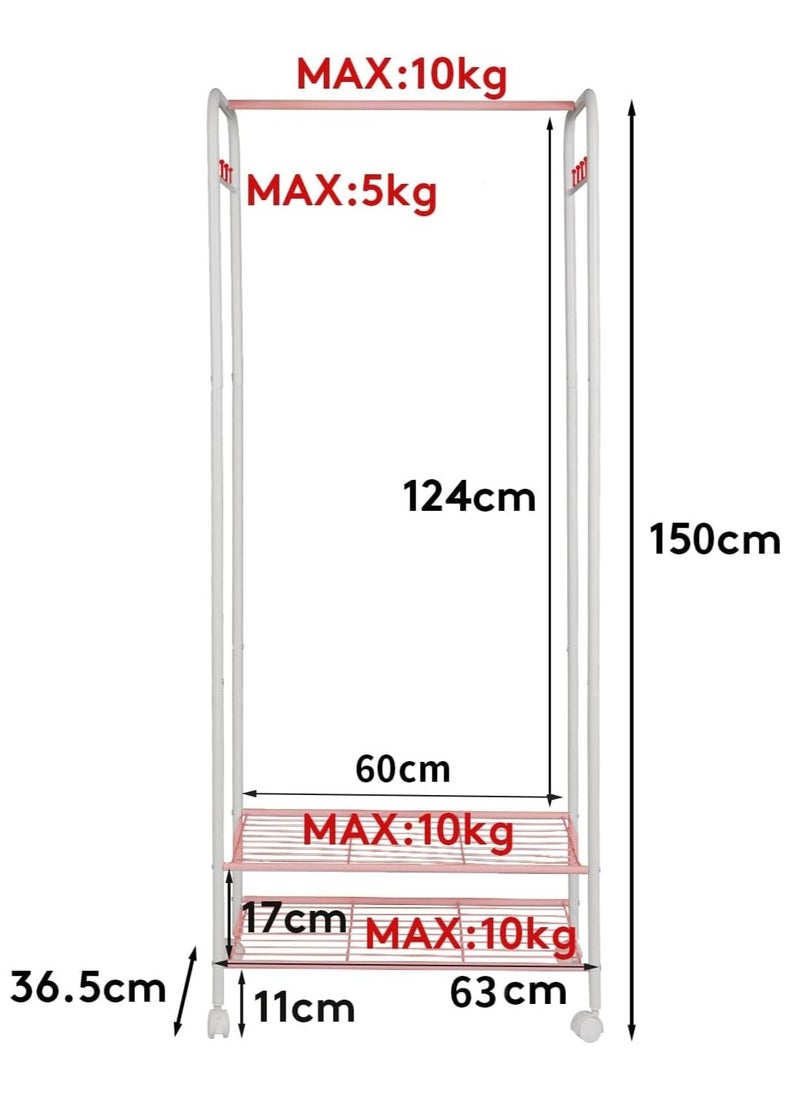 Generic - Metal Clothes Rack on Wheels: Clothes Hanger Stand with Wheels Rolling Garment Rack with 2-tier Storage Shelves White Metal Clothes Hanger Stand Garment Rack Clothes for Bedroom Living Room Size L * W * H 70x36.5x152cm - Image 1