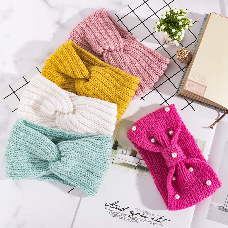 Whaline 5 Pieces Knit Headbands Winter Ear Warmers, 4 Elastic Turban Head Wraps and 1 Pearl Crochet Hair Band, Hair Scrunchies Scarves for Women Girls (Candy Colors) - Image 4