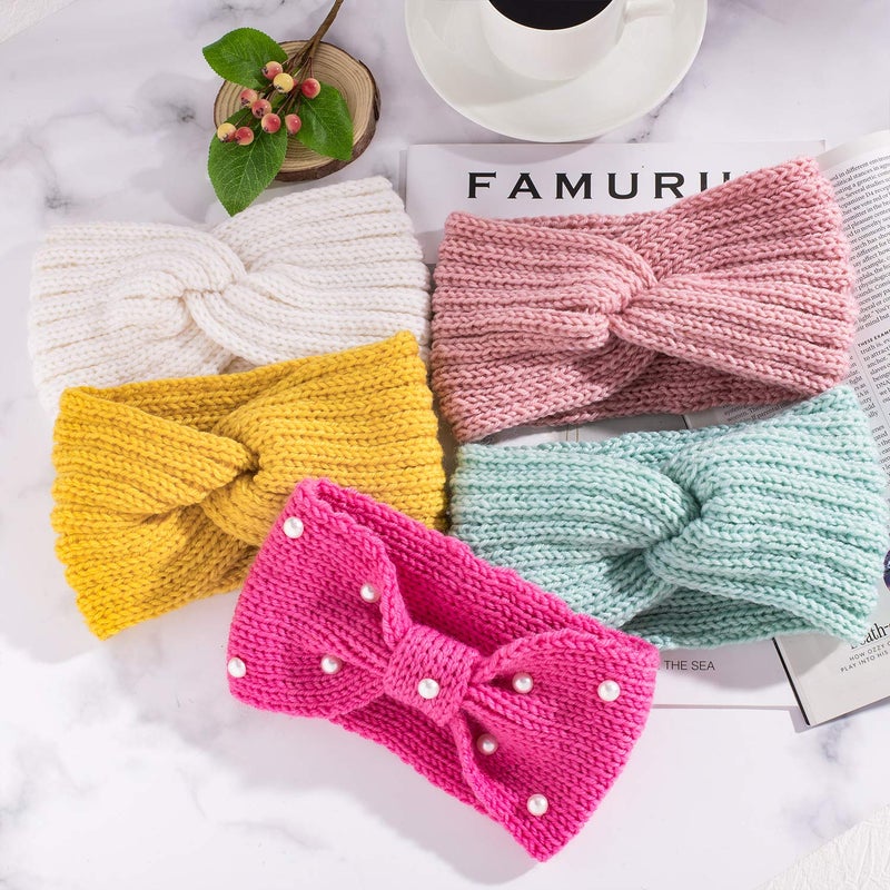 Whaline 5 Pieces Knit Headbands Winter Ear Warmers, 4 Elastic Turban Head Wraps and 1 Pearl Crochet Hair Band, Hair Scrunchies Scarves for Women Girls (Candy Colors) - Image 3