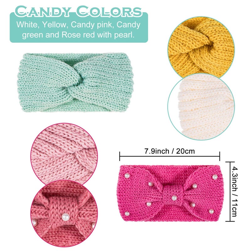 Whaline 5 Pieces Knit Headbands Winter Ear Warmers, 4 Elastic Turban Head Wraps and 1 Pearl Crochet Hair Band, Hair Scrunchies Scarves for Women Girls (Candy Colors) - Image 2