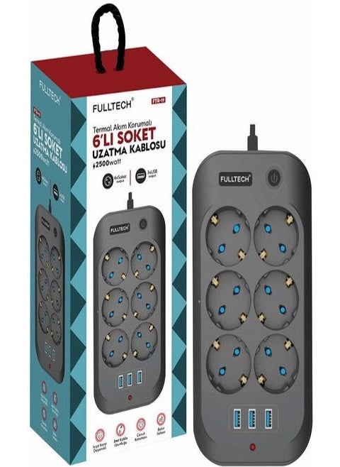Fulltech 6 Socket 3xusb 10A 2 Mt Cable 2500W Surge Protected Socket Ftr-11 8551 