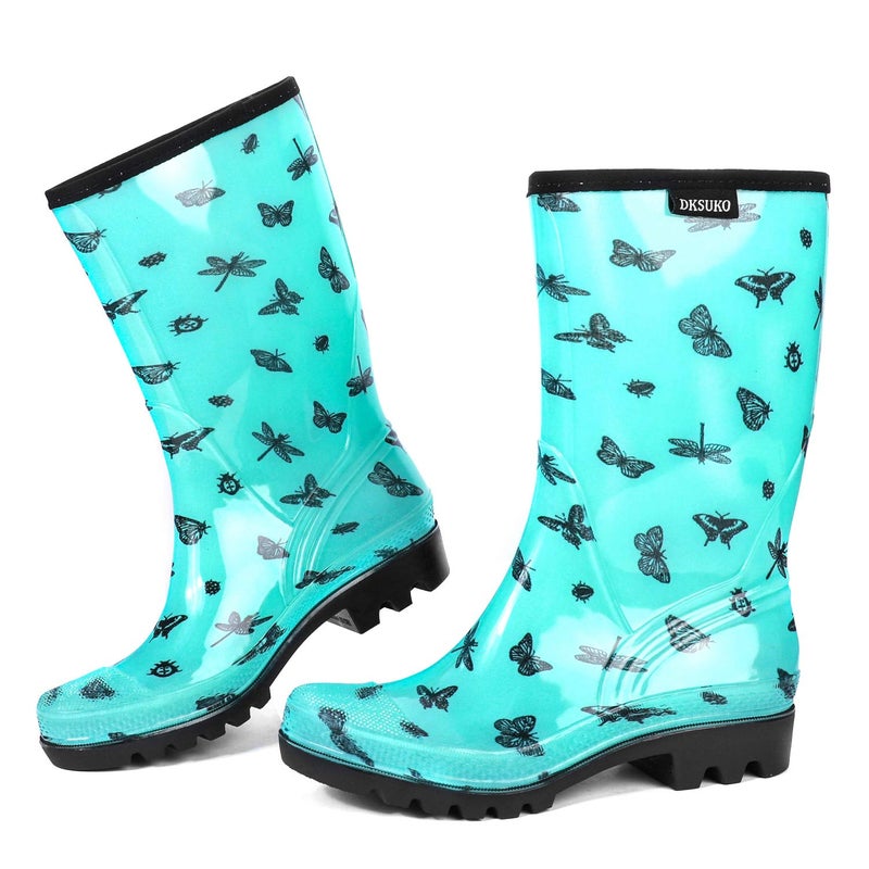 DKSUKO Rain Boots for Women Waterproof Insulated Rubber Garden Boots Wide Calf for Outdoor Gardening Rainy Days & Yard Work(Butterfly,8) - Image 1