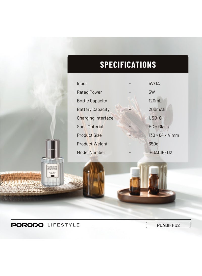 porodo Lifestyle Grasse Smart Aroma Diffuser with Ambient RGB Light 120mL / Air Diffuser 200mAh / 4 Spray Modes / Humidifier Diffuser / Stylish Glass Finish - Clear - Image 5