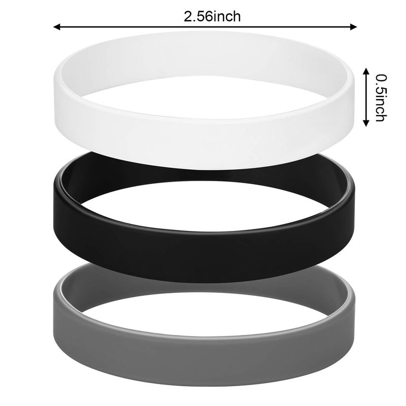 JOVITEC 12 Pieces Rubber Bracelets, Solid Color Silicone Wristbands, Multi-Pack Blank Wristbands Bracelets for Events Rubber Bands Party (Black, White, Gray) - Image 3