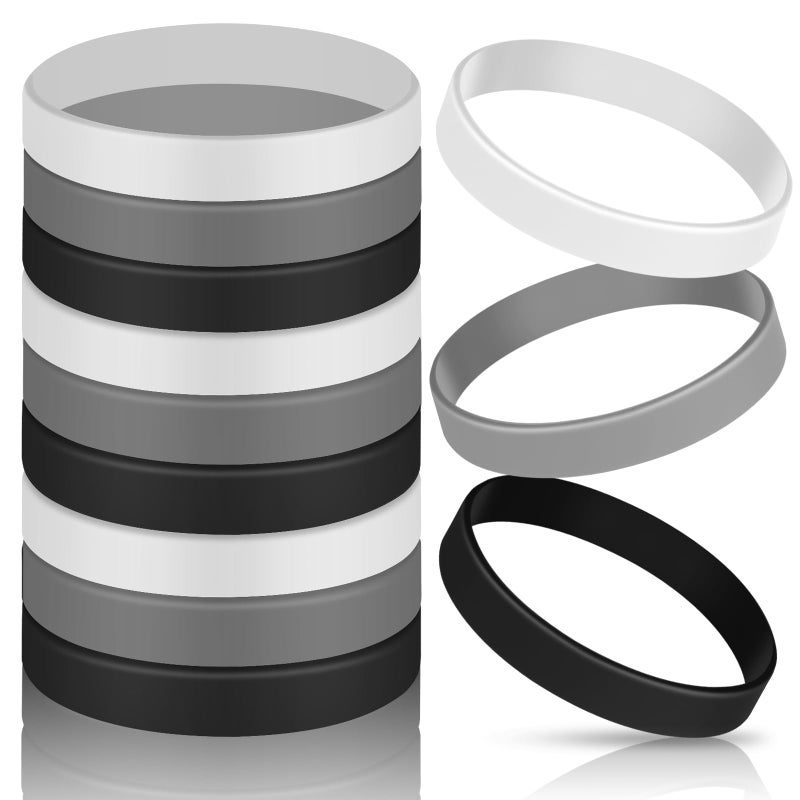 JOVITEC 12 Pieces Rubber Bracelets, Solid Color Silicone Wristbands, Multi-Pack Blank Wristbands Bracelets for Events Rubber Bands Party (Black, White, Gray) - Image 1