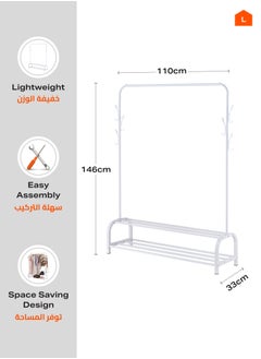 LAWAZIM Clothes Hanger With Shoe Shelves -Steel Single Rail-White- Clothes Storage Organizer Rack with Anti-Slip Feet, Dual Shoe Shelves, Extra Hooks, Anti-Skid Rail Ends, Garment Stand for Home, Dorm  - Image 3