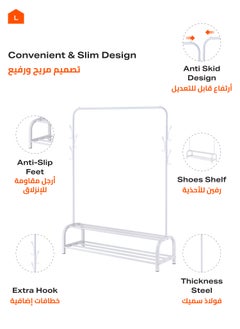 LAWAZIM Clothes Hanger With Shoe Shelves -Steel Single Rail-White- Clothes Storage Organizer Rack with Anti-Slip Feet, Dual Shoe Shelves, Extra Hooks, Anti-Skid Rail Ends, Garment Stand for Home, Dorm  - Image 5