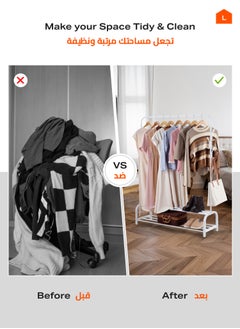 LAWAZIM Clothes Hanger With Shoe Shelves -Steel Single Rail-White- Clothes Storage Organizer Rack with Anti-Slip Feet, Dual Shoe Shelves, Extra Hooks, Anti-Skid Rail Ends, Garment Stand for Home, Dorm  - Image 4