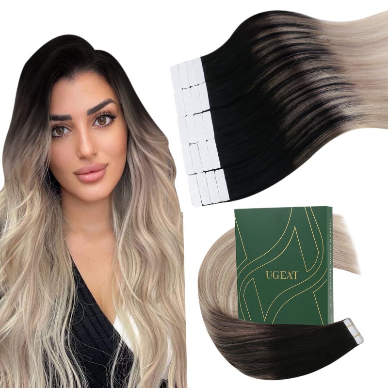 Ugeat Tape in Extensions Human Hair Balayage Bundles Human Hair Extensions Tape in Natural Black to Ash Blonde Mix Platinum Blonde for Short Hairstyles 12 Inch 20Pcs 30G