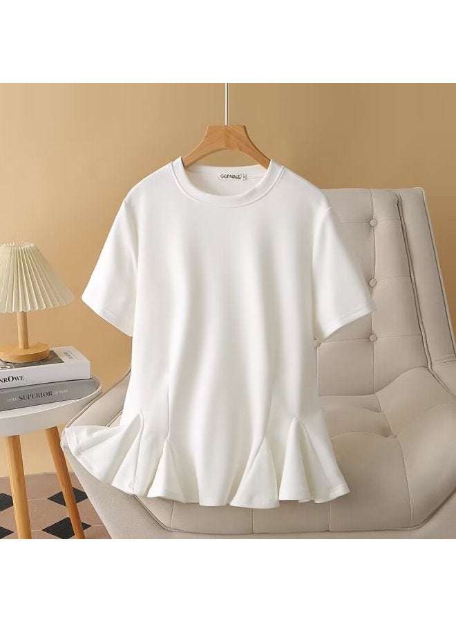 2024 Summer Plus Size T-shirt Lotus Leaf Swing Short Sleeve Elegant Simple Casual T Girl Fashion All-match Slimming Top 893 