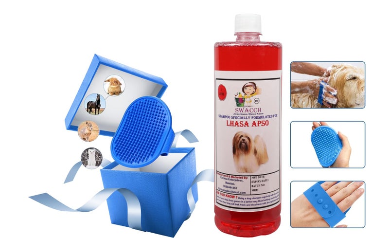swacch Shampoo | Puppy Safe Shampoo | PH Balanced | Lhasa Apso Dog Shampoo 1 Litre Jasmine + | Rubber Bath Brush with Adjustable Straps | Pet Massage | Soothing Bristles Hand Brush I Combo Pack - Image 2